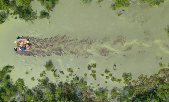 A birds-eye view of the survey float in the green, mucky swamp. The green water swirls behind the kayaks as they're pushed through the water