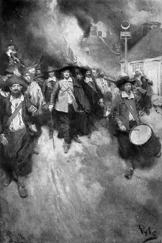 Black-and-white illustration of men marching holding torches