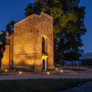 Lit church tower at night