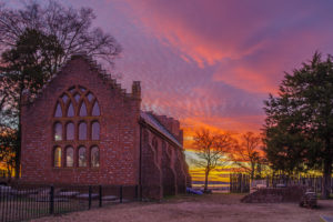 Sunset at Jamestown. Memorial Church in foreground.