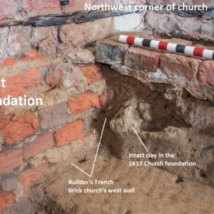 Notated features showing brick foundation, builder's trench, and clay underneath brick foundation