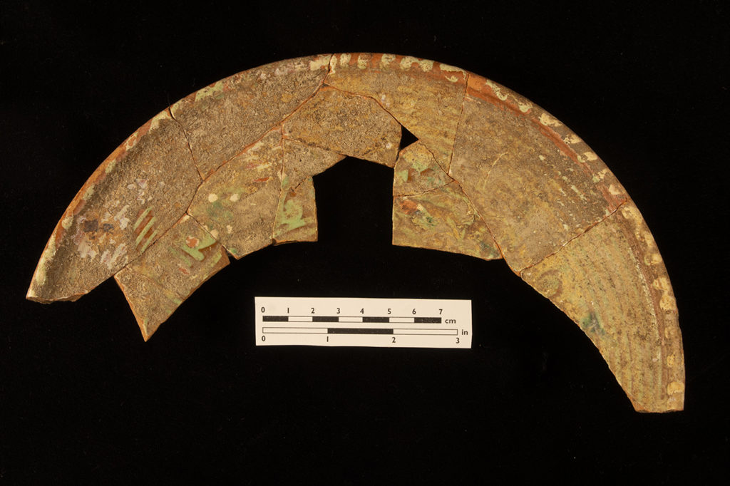 Mended earthenware dish sherds