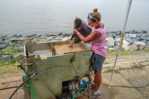 Curatorial Assistant Lindsay Bliss floting soil samples at the Seawall near the Dale House.