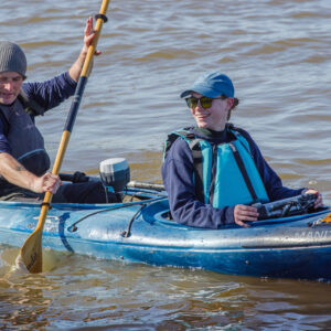 Staff Archaeologists Gabriel Brown and Natalie Reid conduct a GPR survey of a portion of the James River.