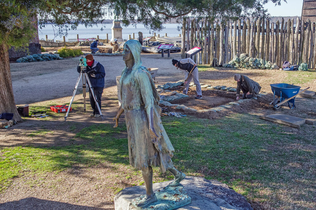 Staff Archaeologist Caitlin Delmas surveys a feature while Archaeological Intern Aubrey Strand and Archaeological Field Technician Eleanor Robb excavate behind her. In the rear, Senior Staff Archaeologist Anna Shackelford and Archaeological Field Technician Josh Barber finish excavations west of the Church Tower prior to backfilling.