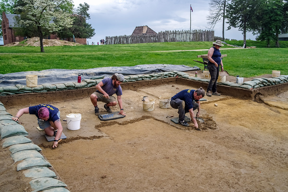 Archaeologists Caitlin Delmas, Josh Barber, Gabriel Brown, and Hannah Barch conduct excavations in the clay borrow pit area.