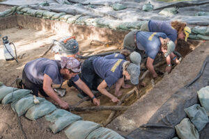 Members of the archaeology team at work in the West Arch excavation site. They are careful not to damage the roots of the nearby trees.