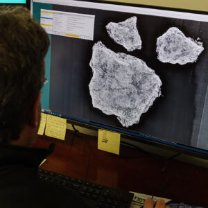 Conservator Dr. Chris Wilkins examines an X-ray of the iron object found in the 1608 ditch.