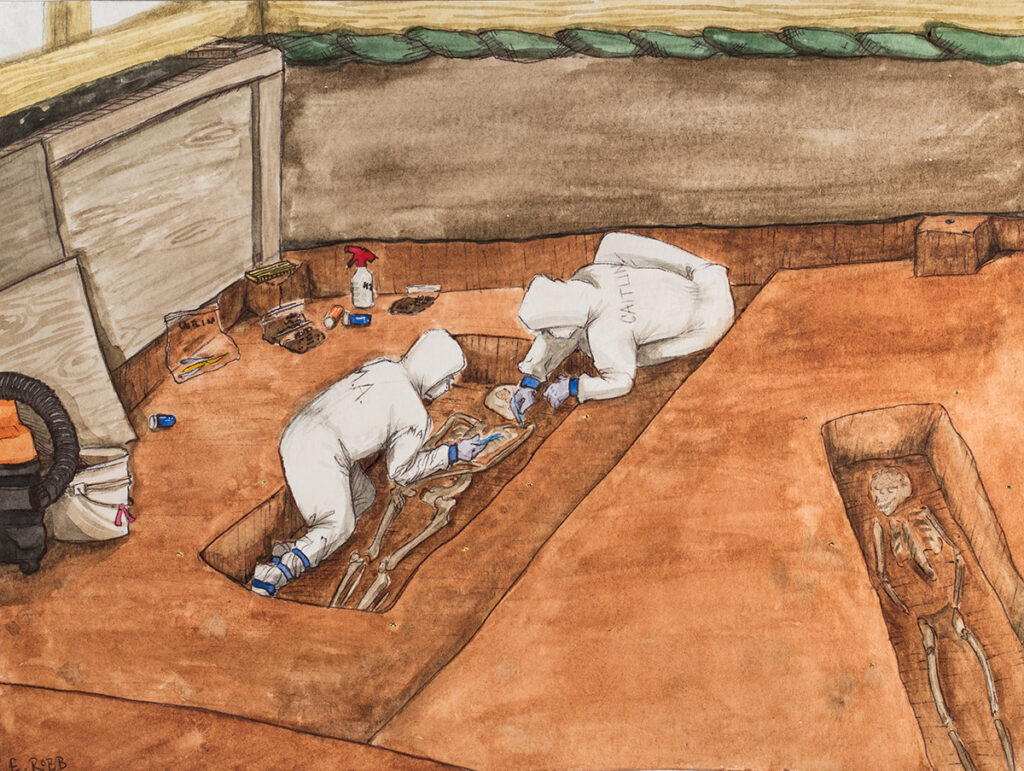 The final painted working scene, depicting Staff Archaeologist Caitlin Delmas and Senior Staff Archaeologist Mary Anna Hartley excavating burial JR1237 within the burial structure.