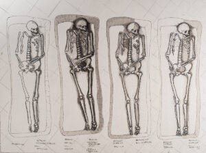 Test sheet of possible burial illustration styles for review by colleagues. Pen and ink illustration by Archaeological Field Technician Eleanor Robb.