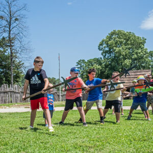 Captain Brewster drills his halberdiers inside James Fort during the "Captain Brewster's Kids" program.