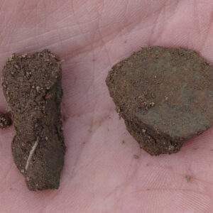 A jetton found this month in the North Church excavations. The green tinge hints that it's likely made of a copper alloy.