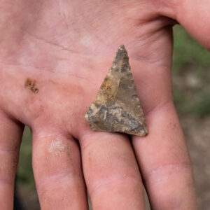 A projectile point found in the west ditch excavations. The point is of the right type to have been contemporaneous with Jamestown's settlement.
