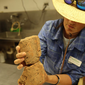 Senior Staff Archaeologist Mary Anna Hartley holds two mullion bricks found in the excavations north of the Church Tower.