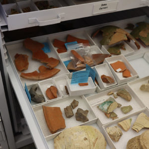 Partial Portuguese Coarseware (orange and green at top-right) vessels in the Jamestown Rediscovery collection.