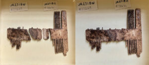 While picking through material from the fort's first well, Assistant Curator Magen Hodapp found the two center pieces of this double-sided bone comb. They mend with the two pieces already in the collection as can be seen in the photo at right. The two existing pieces were also found in the first well.