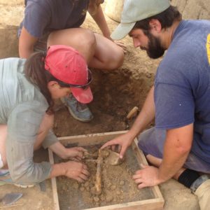 Archaeologists placing an artifact in a tray