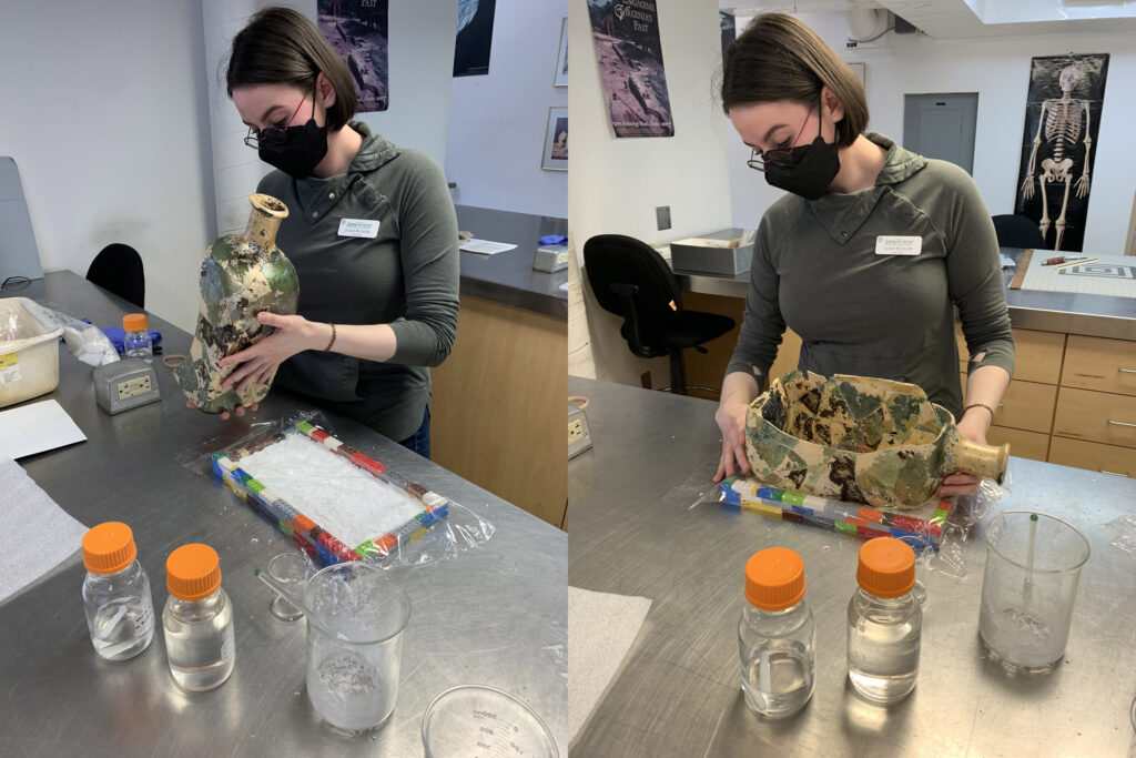 Pressing the bottle into the putty-like glass microspheres and B-72 mixture. LEGOs formed the dam and cling film was used as a barrier between the glass and the microspheres.