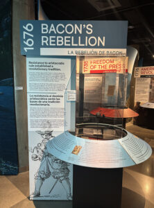 An exploded grenade in the "Moments that Made US" exhibit in Denver, Colorado. The grenade, found near the Statehouse and likely related to Bacon's Rebellion, is on loan from Jamestown Rediscovery.