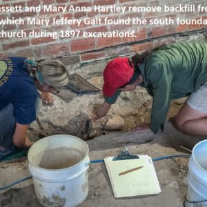Two archaeologists excavate foundations by brick wall