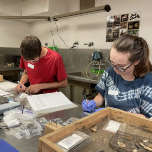 Field School students Drew Parker and Sarah Hespe sorting artifacts in the lab.