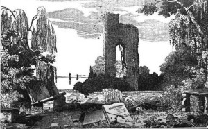 black and white sketch of church tower ruins and churchyard