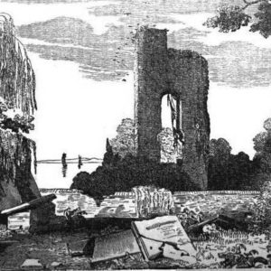 black and white sketch of church tower ruins and churchyard