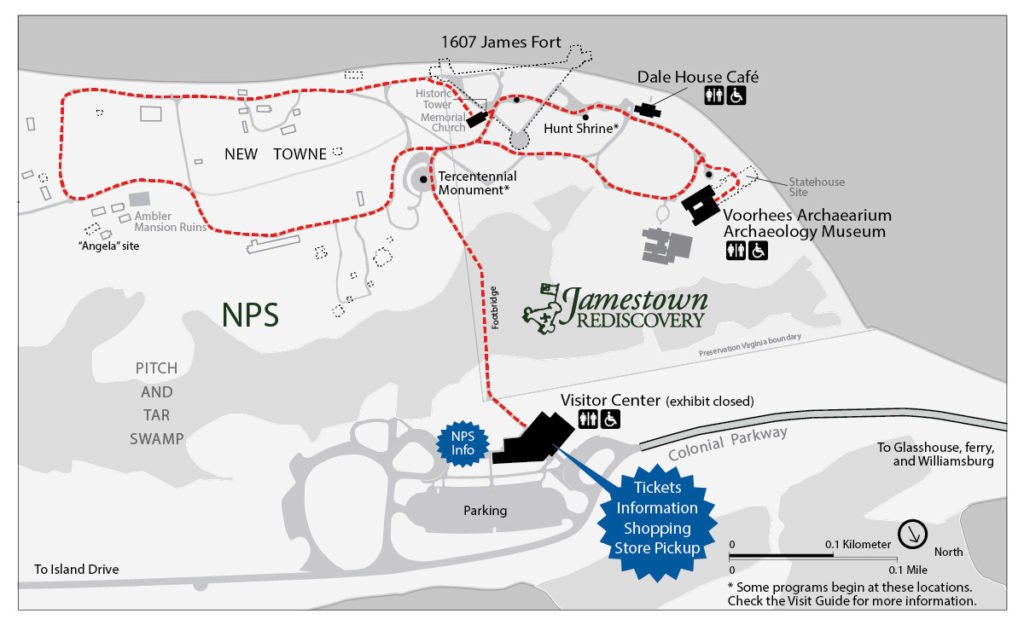 map of Historic Jamestowne with points of interest and walking routes highlighted