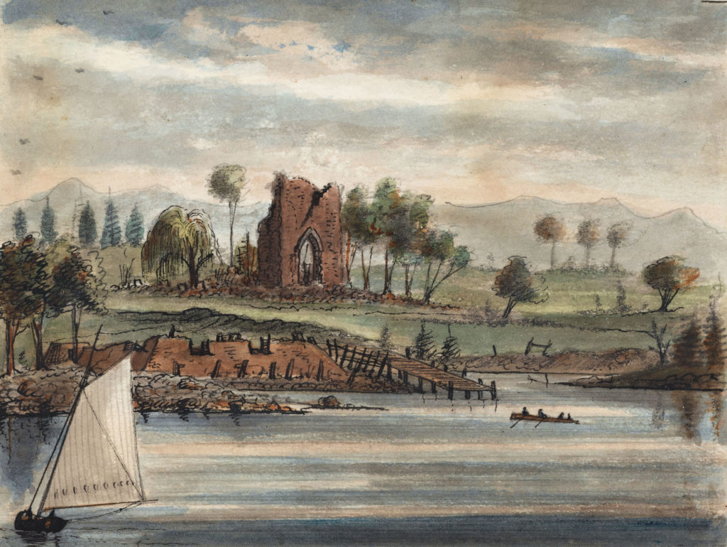 A Civil War-era painting of Jamestown from the water. The crumbling church tower stands in the middle with trees surrounding it. A wooden pier juts into the river beside earthworks. A sailboat is in the foreground. 