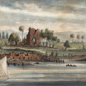 A painting of Jamestown from the water in the Civil War. The crumbling church tower stands in the middle of the scene. At the water's edge are earthworks and simple pier. A small sail boat is in the foreground.