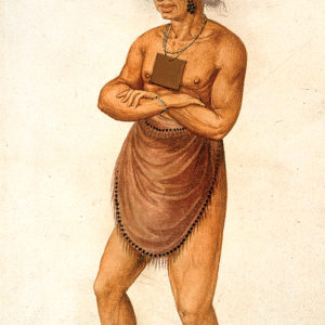 Artistic illustration of a Native American man wearing a necklace of a square piece of copper