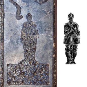 knight's tombstone with conjectural drawing of missing brass inlay