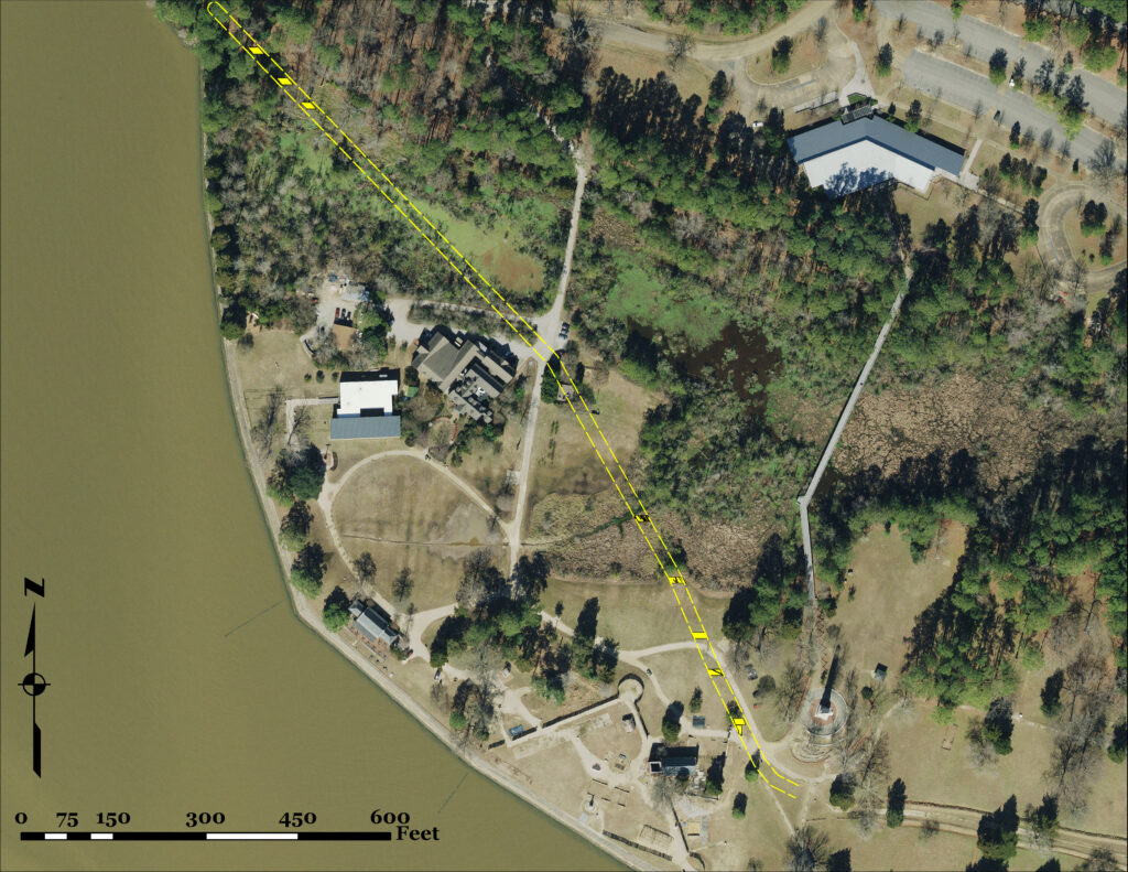 A modern aerial photo of the west end of Jamestown Island. The likely path of the Great Road is outlined in yellow.