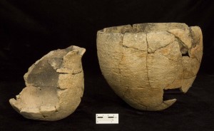 two mended Virginia Indian clay vessels