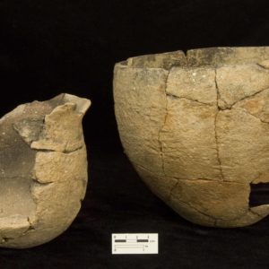 two mended Virginia Indian clay vessels