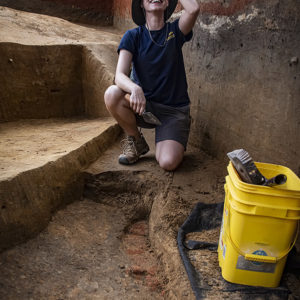 Staff Archaeologist Natalie Reid shortly after discovering the well inside the Confederate moat.