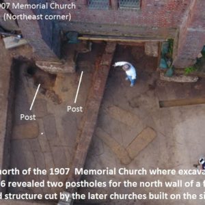Aerial view of excavations outside church wall