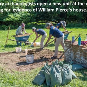 Archaeologists excavating with trowels and shovels