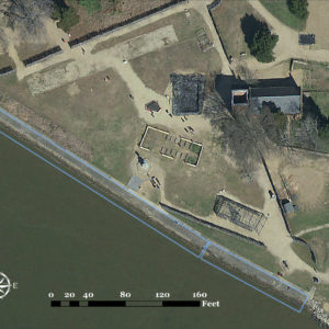 aerial view of seawall and James Fort site