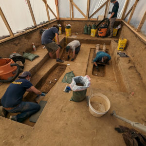 Archaeologists removing the layers above the remains in the three burials.