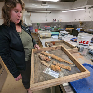 Curator Leah Stricker holds a tray of sword blade fragments found in the Governor's Well. The one furthest from the camera is the sword that bears the letters revealed by X-ray. Future conservation may reveal that some of these belong to the same weapon.
