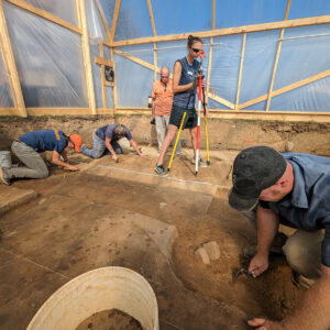 The archaeological team at work in the burial structure. Pictured are (L-R) Senior Staff Archaeologist Mary Anna Hartley, Archaeological Field Technician Gabriel Brown, Senior Staff Archaeologist Dr. Chuck Durfor, Site Supervisor Anna Shackelford, and Senior Staff Archaeologist Sean Romo.