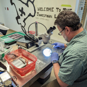 Conservator Chris Wilkins is featured on the daily Lab Cam, conserving artifacts found in the Governor's Well.
