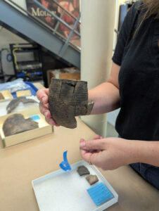 Senior Conservator Leah Stricker holds a small Roanoke Simple Stamped pot that is being mended by curatorial intern Molly Morgan.