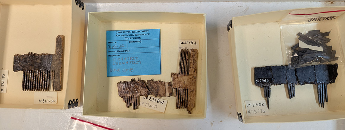 Three of the bone combs in the Jamestown collection