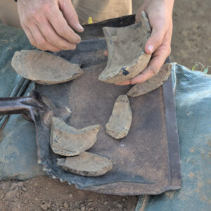 Pieces of a wine bottle found by archaeologists excavating in the 1607 Burial Ground. This bottle likely dates to the late 17th century. A wine cellar dating to that period was excavated in this area in 2004 where several other similar bottles were found.