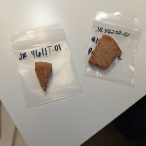 Two sherds of Portuguese redware being cataloged by Associate Curator Janene Johnston. These were found during the Seawall excavations of 2021.