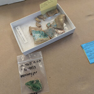 At bottom is a sherd of a Spanish majolica mercury jar recently found in the cellar excavations. In the tray above it are several other sherds of one such jar. It is unknown if the new piece belongs to the vessel in the tray.