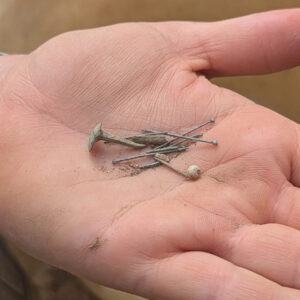 Some straight pins, a tack, and a bead found in the 1607 Burial Ground