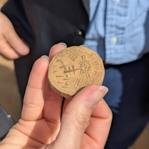 An interesting clay disc found in landscaping layers in the north Church excavations. It likely is modern, probably dating to the twentieth century.